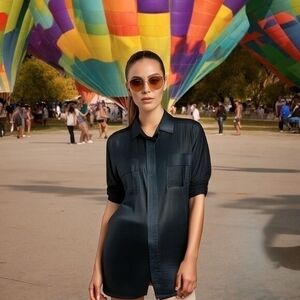 BCBGMAXAZRIA Women's Black Satin Blouse M 3/4 Sleeve Button Front Pockets VG